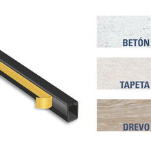 Obrázok profilovej lišty s lepiacou páskou a príkladmi použitia pre betón, tapety a drevo