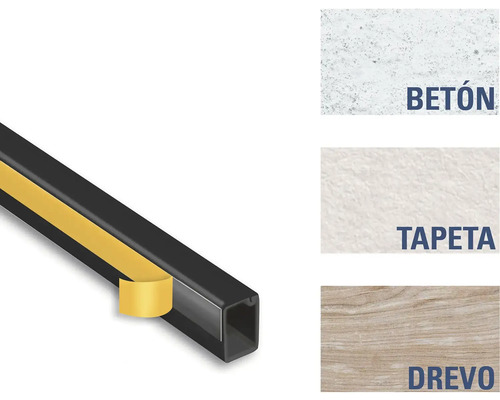 Obrázok profilovej lišty s lepiacou páskou a príkladmi použitia pre betón, tapety a drevo
