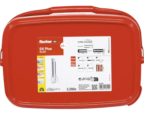 Hmoždinky Fischer SX Plus 6x30 v červenom prenosnom kufríku, 3200 kusov
