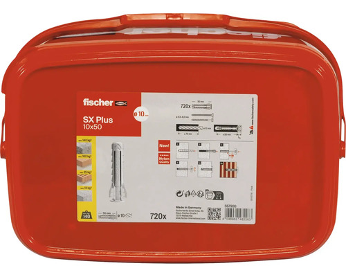 Hmoždinky Fischer SX Plus 10x50, 720 kusov v červenom balení