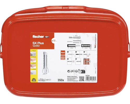 Hmoždinky Fischer SX Plus 12x60 v červenom prenosnom kufríku, 350 kusov