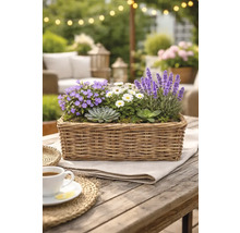 Dekoratívne aranžmán z rôznych rastlín v obdĺžnikovom košíku na drevenom stole