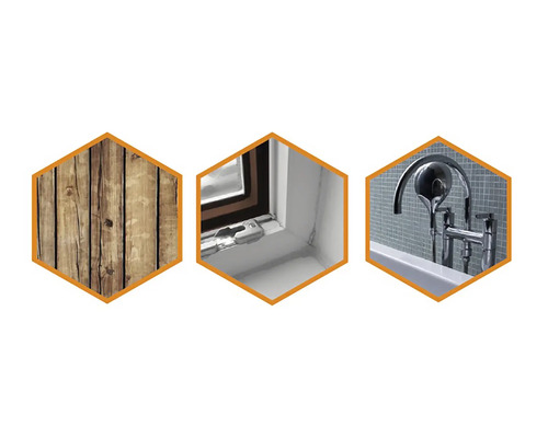 Ilustrácia drevených panelov, okna a kúpeľňovej armatúry