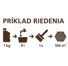 Návod na riedenie: 1 kg farby, 9 l vody, 1 náter, 100 m² pokrytie