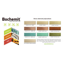 Prehľad produktov ochrany dreva Bochemit s rôznymi farebnými odtieňmi pre drevo