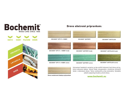 Prehľad produktov ochrany dreva Bochemit s rôznymi farebnými odtieňmi pre drevo
