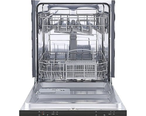 Vnútorný pohľad na umývačku riadu s otvorenými dverami a výsuvnými košmi na riad.