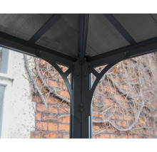 Detail konštrukcie altánku s kovovými stĺpikmi a strechou