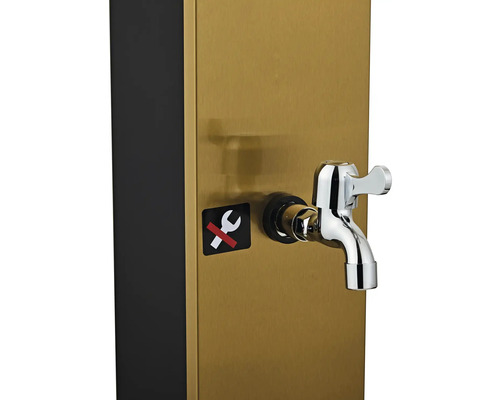 Vodovodný kohútik na sprchovom stĺpe so symbolom zákazu opráv