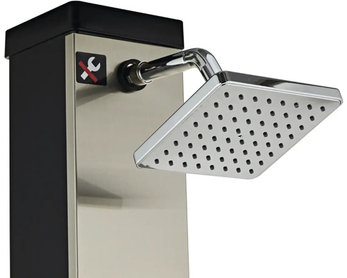 Vonkajšia sprcha so štvorcovou sprchovou hlavicou a symbolom zákazu svojpomocnej montáže