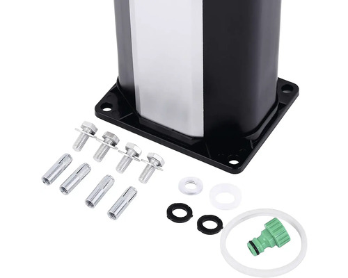 Upevňovací materiál pre záhradnú sprchu vrátane skrutiek, hmoždiniek, tesnení a hadicovej prípojky