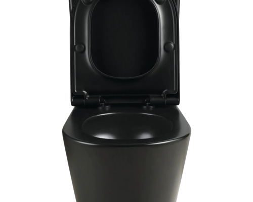 Čierna toaleta s otvoreným vekom do kúpeľne
