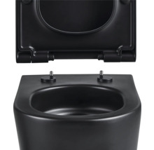 Čierna závesná toaleta s hlbokým splachovaním, otvoreným splachovacím kruhom a WC sedadlom