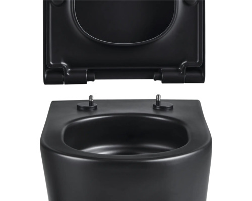 Čierna závesná toaleta s hlbokým splachovaním, otvoreným splachovacím kruhom a WC sedadlom