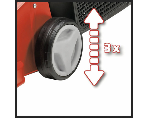 Detailný záber kolesa zariadenia so šípkami znázorňujúcimi trojnásobné nastavenie výšky