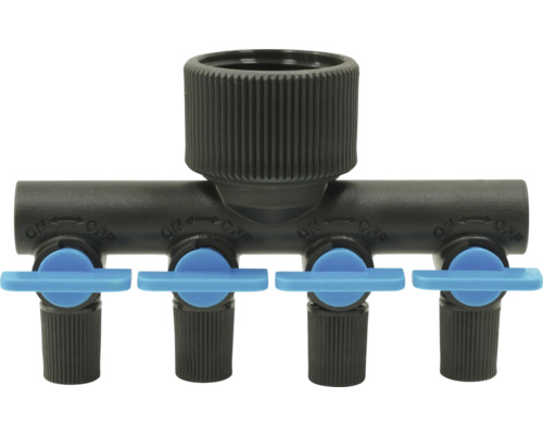 Rozdeľovač so štyrmi výstupmi a uzatváracími kohútmi