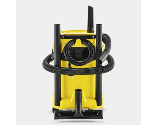 Žltý viacúčelový vysávač s čiernou hadicou a príslušenstvom