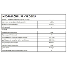Informačný list pre rúru MORA VT111GX s energetickou triedou A, objemom 67 litrov a spotrebou energie 0,77 kilowatthodiny na cyklus.