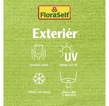 Logo FloraSelf s vlastnosťami produktu: Ručne vyrobené, odolné voči UV žiareniu, mrazuvzdorné, drenážny otvor