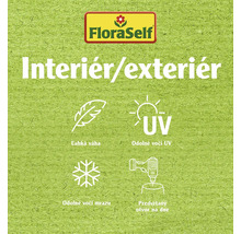 Logo FloraSelf s vlastnosťami produktu: interiér/exteriér, nízka hmotnosť, odolnosť voči UV žiareniu, mrazuvzdornosť, predvŕtaný otvor na dne