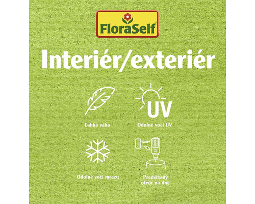 Logo FloraSelf s vlastnosťami produktu: interiér/exteriér, nízka hmotnosť, odolnosť voči UV žiareniu, mrazuvzdornosť, predvŕtaný otvor na dne
