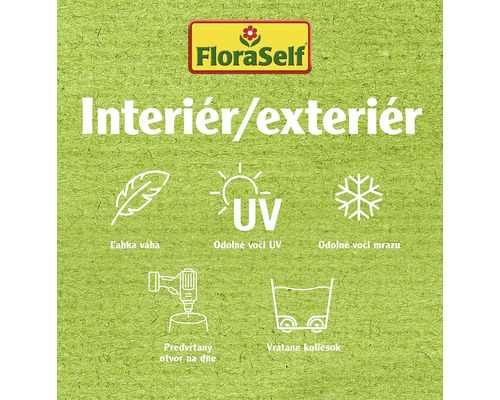 Logo FloraSelf. Vhodné do interiéru a exteriéru. Vlastnosti: nízka hmotnosť, odolné voči UV žiareniu, mrazuvzdorné, predvŕtaný otvor na dne, vrátane koliesok.