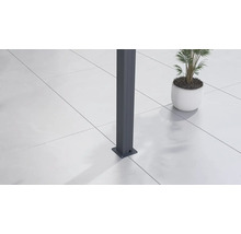 Detail terasového prístrešku s podpornými stĺpikmi na kamennej podlahe a rastlinou v kvetináči