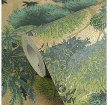 Rolka tapety so vzorom lesa v zelenej a zlatej farbe