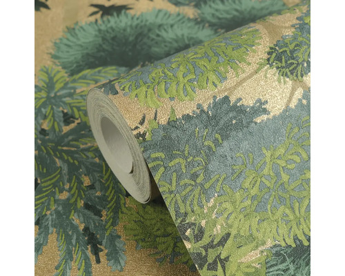 Rolka tapety so vzorom lesa v zelenej a zlatej farbe