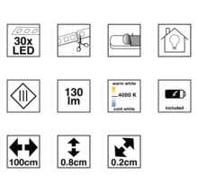 Vlastnosti produktu: 30 LED diód, možnosť skrátenia, samolepiace, vhodné do interiéru, 130 lúmenov, teplota farieb 4000 kelvinov, batéria súčasťou balenia, dĺžka 100 centimetrov, šírka 0,8 centimetra, výška 0,2 centimetra