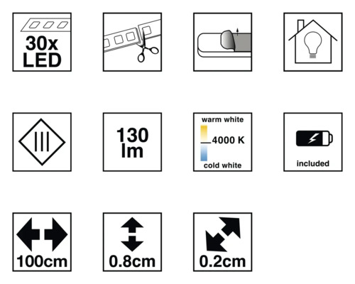 Vlastnosti produktu: 30 LED diód, možnosť skrátenia, samolepiace, vhodné do interiéru, 130 lúmenov, teplota farieb 4000 kelvinov, batéria súčasťou balenia, dĺžka 100 centimetrov, šírka 0,8 centimetra, výška 0,2 centimetra