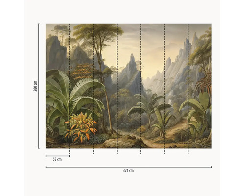 Fototapeta s motívom džungle, hôr a tropických rastlín, rozmery 371 na 280 centimetrov, rozdelená na 53 centimetrov široké pásy.