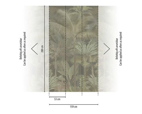 Fototapeta s motívom palmovej džungle, rozmery 159 na 280 centimetrov, šírka pásu 53 centimetrov, ľubovoľne napojiteľná.
