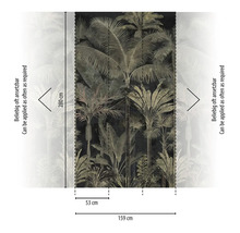 Vliesová tapeta s tropickým motívom paliem, rozmery 159 krát 280 centimetrov, ľubovoľne napojiteľná, šírka pásu 53 centimetrov.