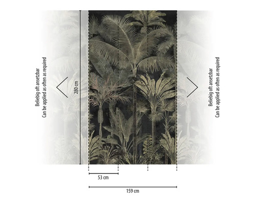 Vliesová tapeta s tropickým motívom paliem, rozmery 159 krát 280 centimetrov, ľubovoľne napojiteľná, šírka pásu 53 centimetrov.