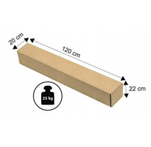Balík s rozmermi 20 krát 22 krát 120 centimetrov, hmotnosť 25 kilogramov