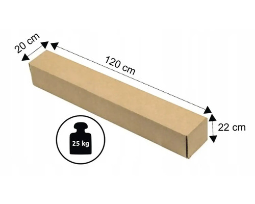 Balík s rozmermi 20 krát 22 krát 120 centimetrov, hmotnosť 25 kilogramov