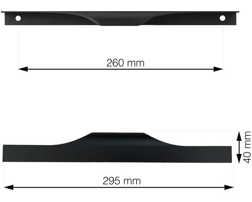 Technický nákres nábytkovej úchytky s rozmermi 260 mm a 295 mm dĺžky a 40 mm výšky.