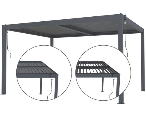 Pergola s nastaviteľnými lamelami na tienenie v záhrade.