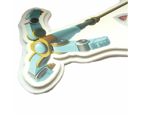 Nálepka modrého robota s ramenom podobným rybárskemu prútu