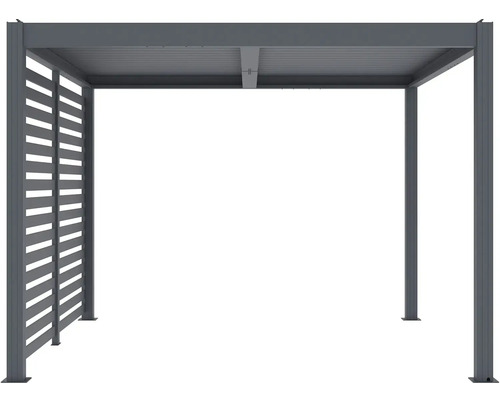 Voľne stojaca sivá hliníková pergola s lamelovou stenou
