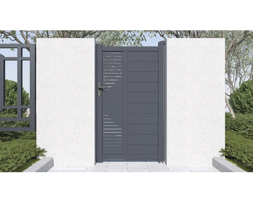 Hliníková záhradná bránka s vodorovnými lamelami medzi dvoma bielymi stenami