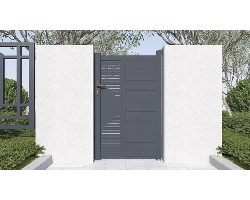 Záhradná bránka s horizontálnymi prvkami medzi dvoma múrmi