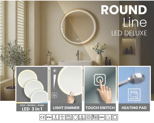 Okrúhle LED zrkadlo so stmievačom, dotykovým spínačom, vyhrievacou podložkou a funkciou proti zahmlievaniu do kúpeľne