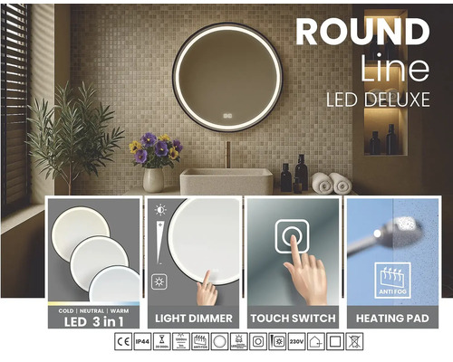 Okrúhle kúpeľňové zrkadlo s LED osvetlením, dotykovým spínačom, stmievačom a funkciou proti zahmlievaniu