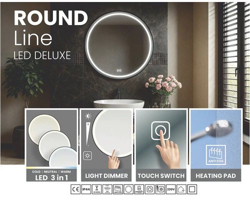 Okrúhle LED zrkadlo s dotykovým spínačom, funkciou stmievania a funkciou proti zahmlievaniu do kúpeľne