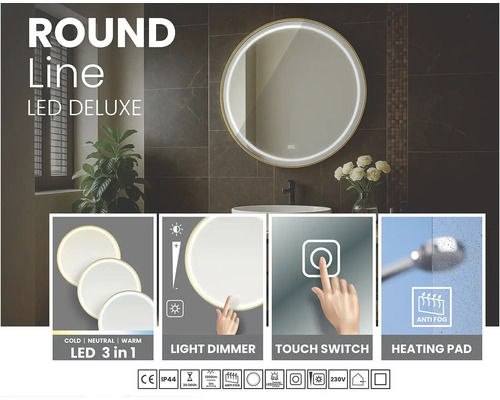 Okrúhle LED zrkadlo so stmievačom svetla, dotykovým spínačom a funkciou proti zahmlievaniu