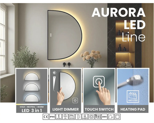 Polkruhové LED zrkadlo s dotykovým spínačom, stmievačom a funkciou proti zahmlievaniu do kúpeľne