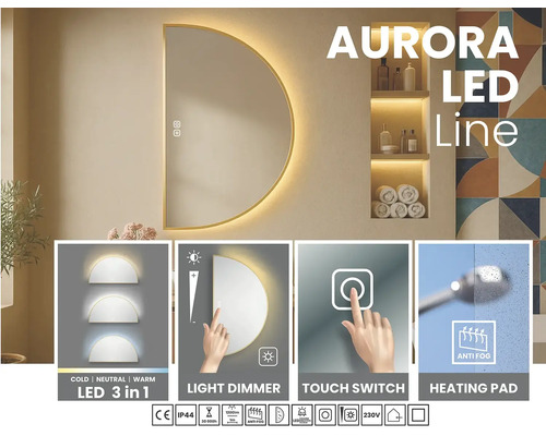 Polkruhové LED zrkadlo s dotykovým spínačom, stmievačom svetla a funkciou proti zahmlievaniu do kúpeľne.