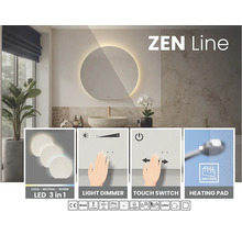 Kúpeľňa s okrúhlym zrkadlom vrátane osvetlenia, stmievača svetla, dotykového spínača a vyhrievacej podložky.